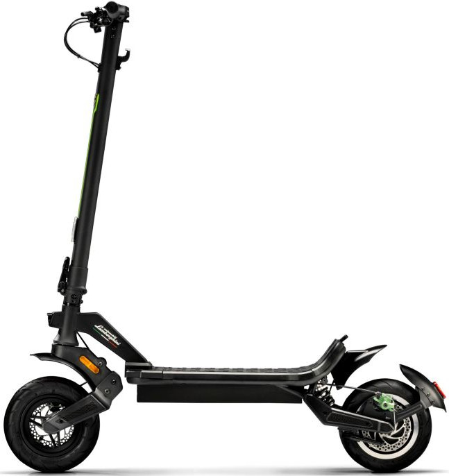 Scooter électrique noir avec accents verts, vue latérale, fond blanc.