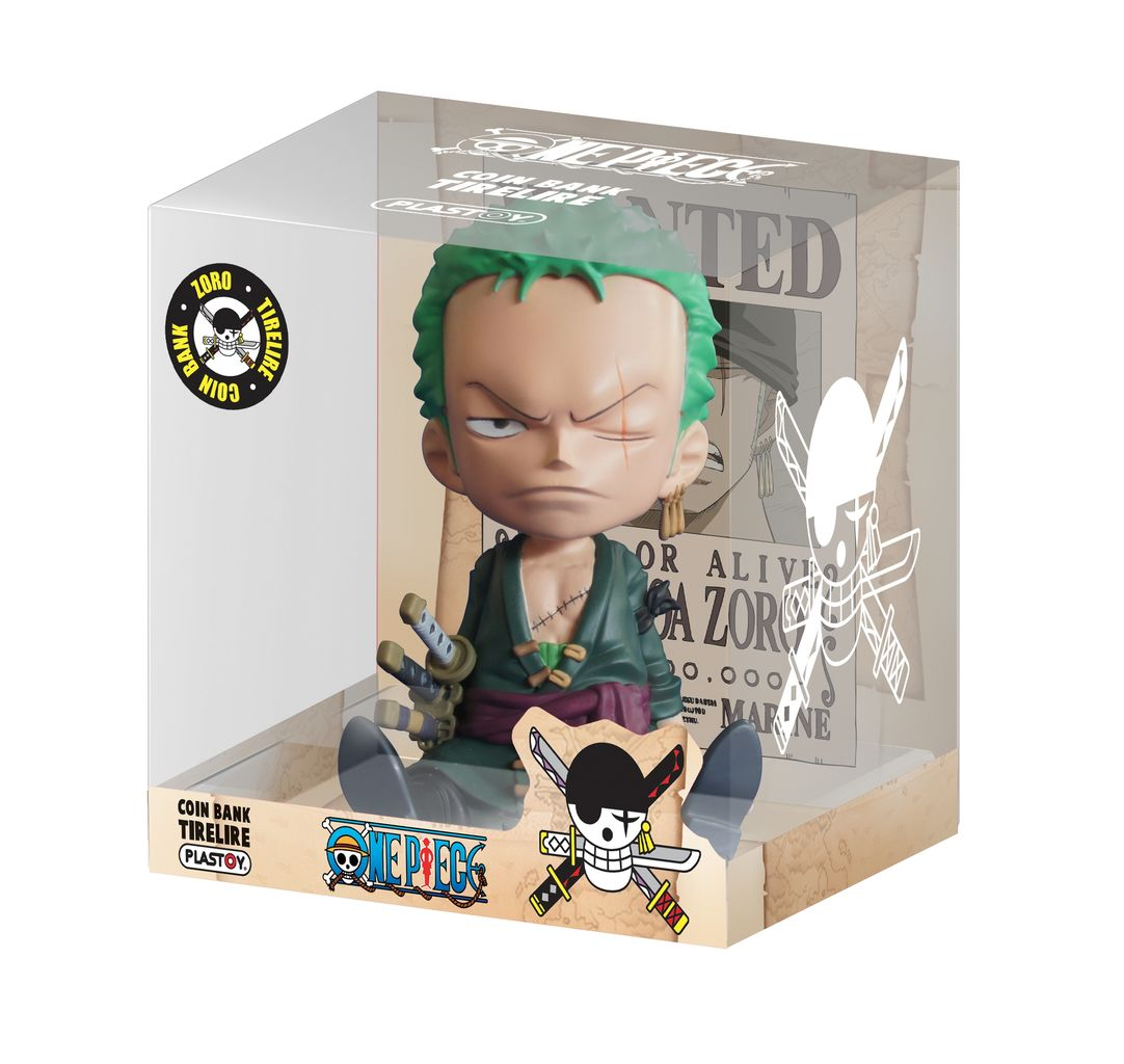 One Piece Zoro Münzbank in einer transparenten Vitrine.