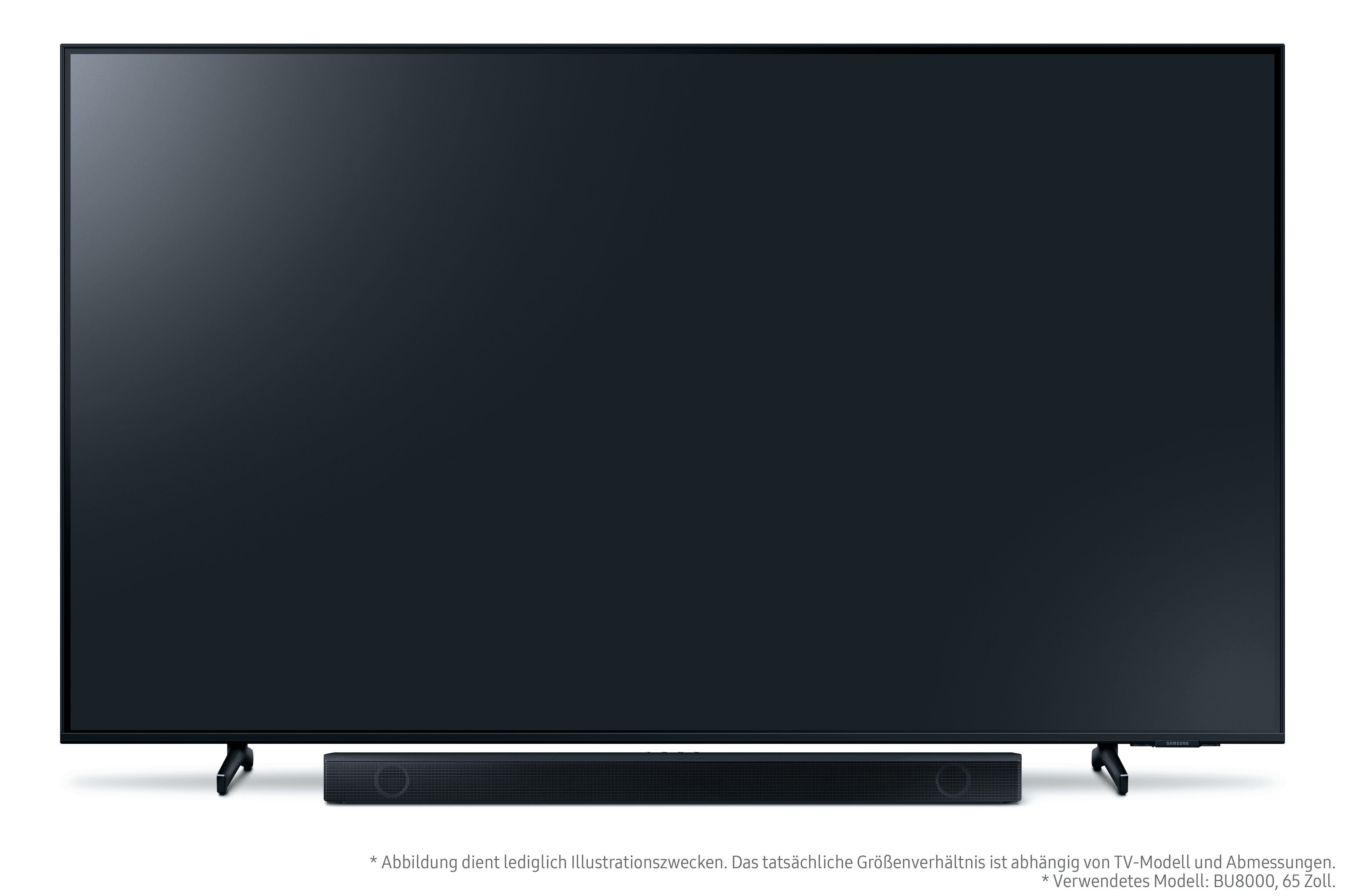 Großer schwarzer Bildschirm-Fernseher mit Soundbar darunter, auf weißem Hintergrund.