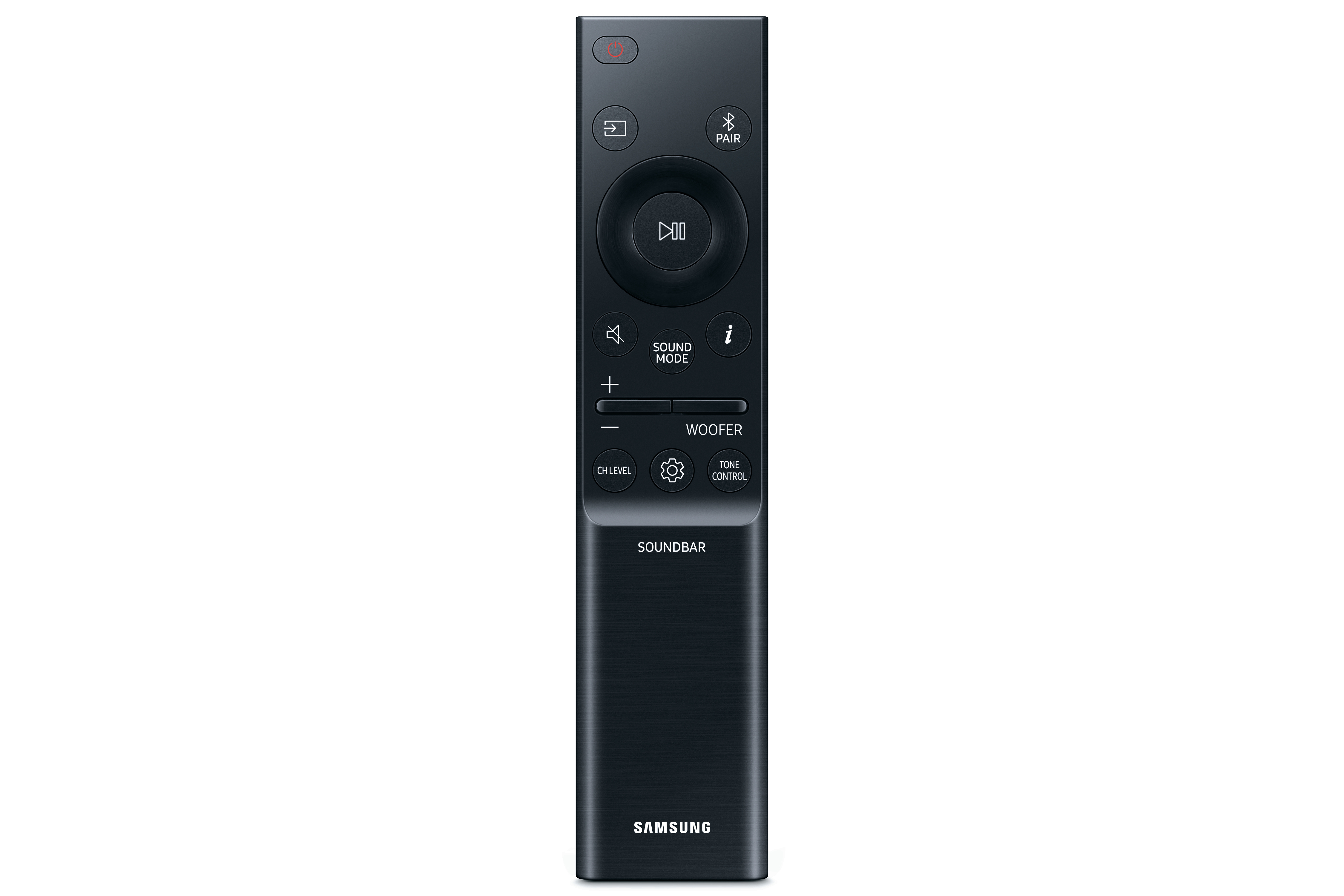 Schwarze Samsung Soundbar-Fernbedienung, Tasten sichtbar, schlankes Design.
