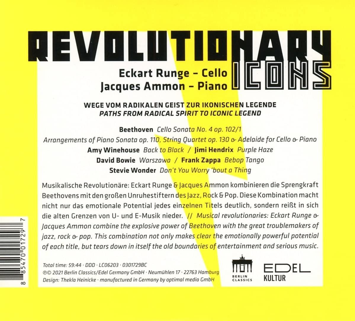 Ein CD-Cover mit Text über Eckart Runge und Jacques Ammon, betitelt 'Revolutionary Icons'.