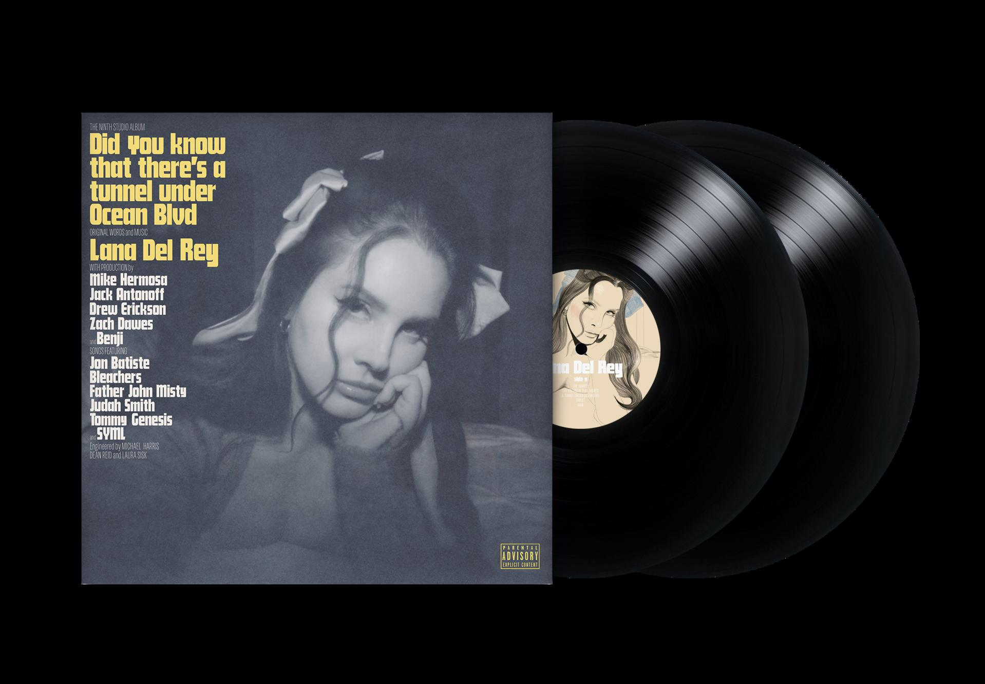 Albumcover mit Lana Del Reys Gesicht. Zwei schwarze Schallplatten werden gezeigt.