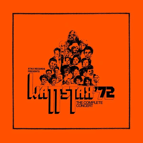 Albumhoes voor Wattstax '72: The Complete Concert.  Gezichten en oranje achtergrond.
