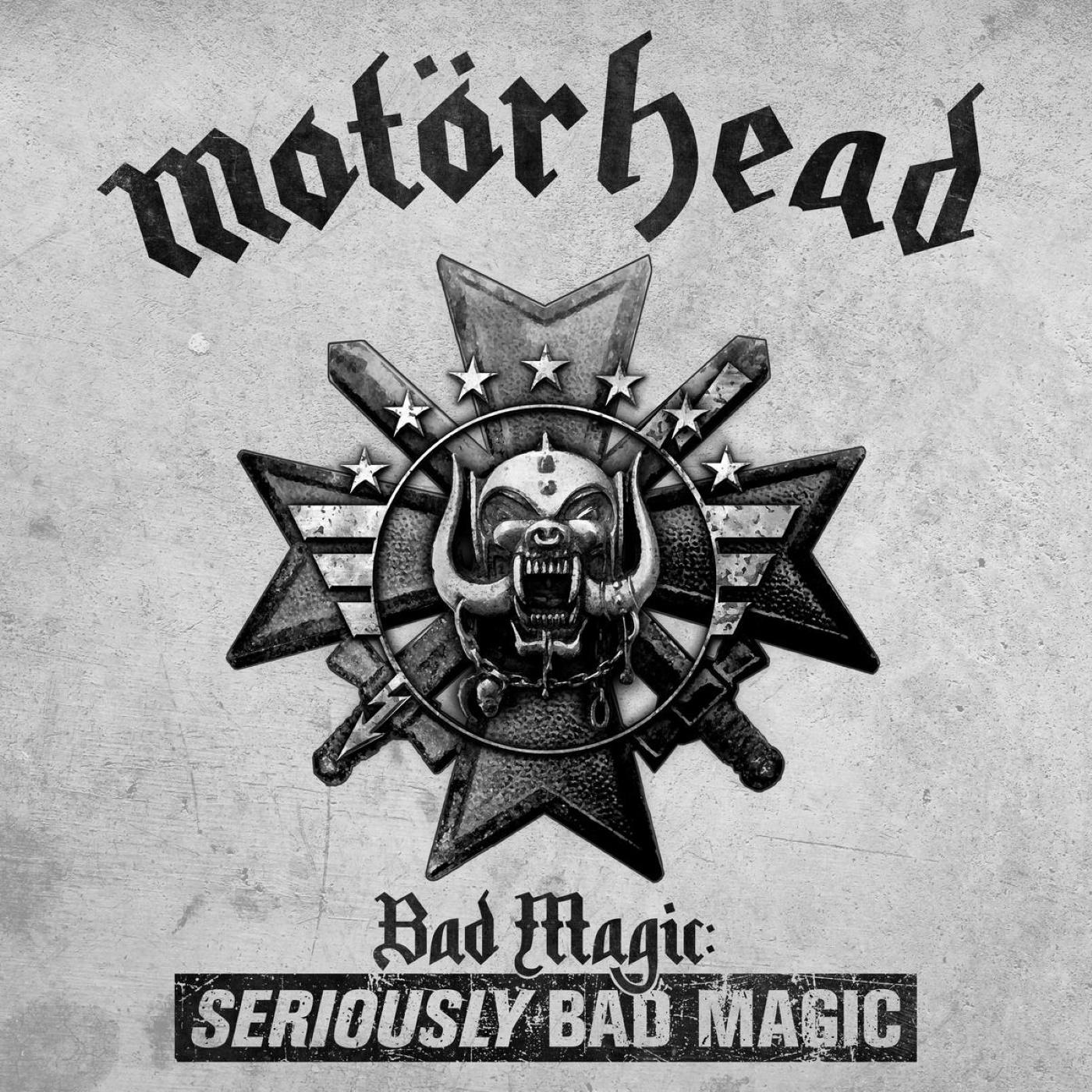 Motorhead album borítója logóval, csillaggal és a 'Bad Magic: Seriously Bad Magic' kifejezéssel.