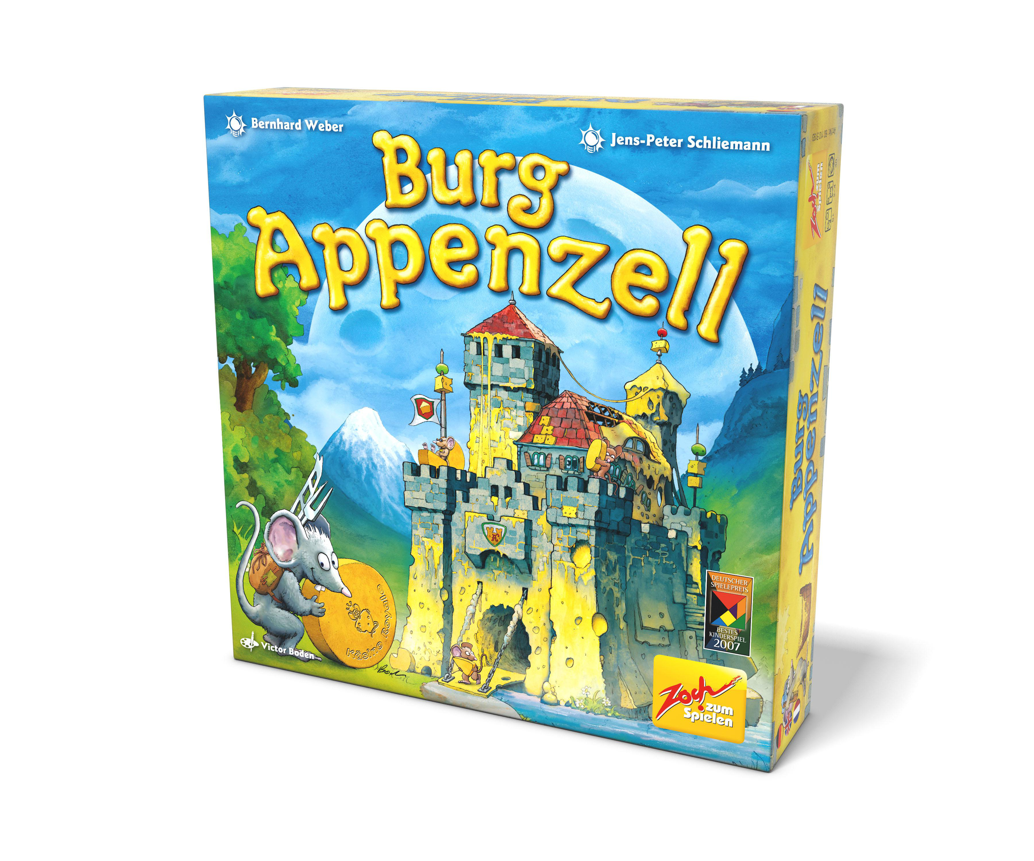Burg Appenzell Brettspielbox. Cartoon-Schloss-Illustration. Blauer Himmelshintergrund. Weißer Hintergrund.