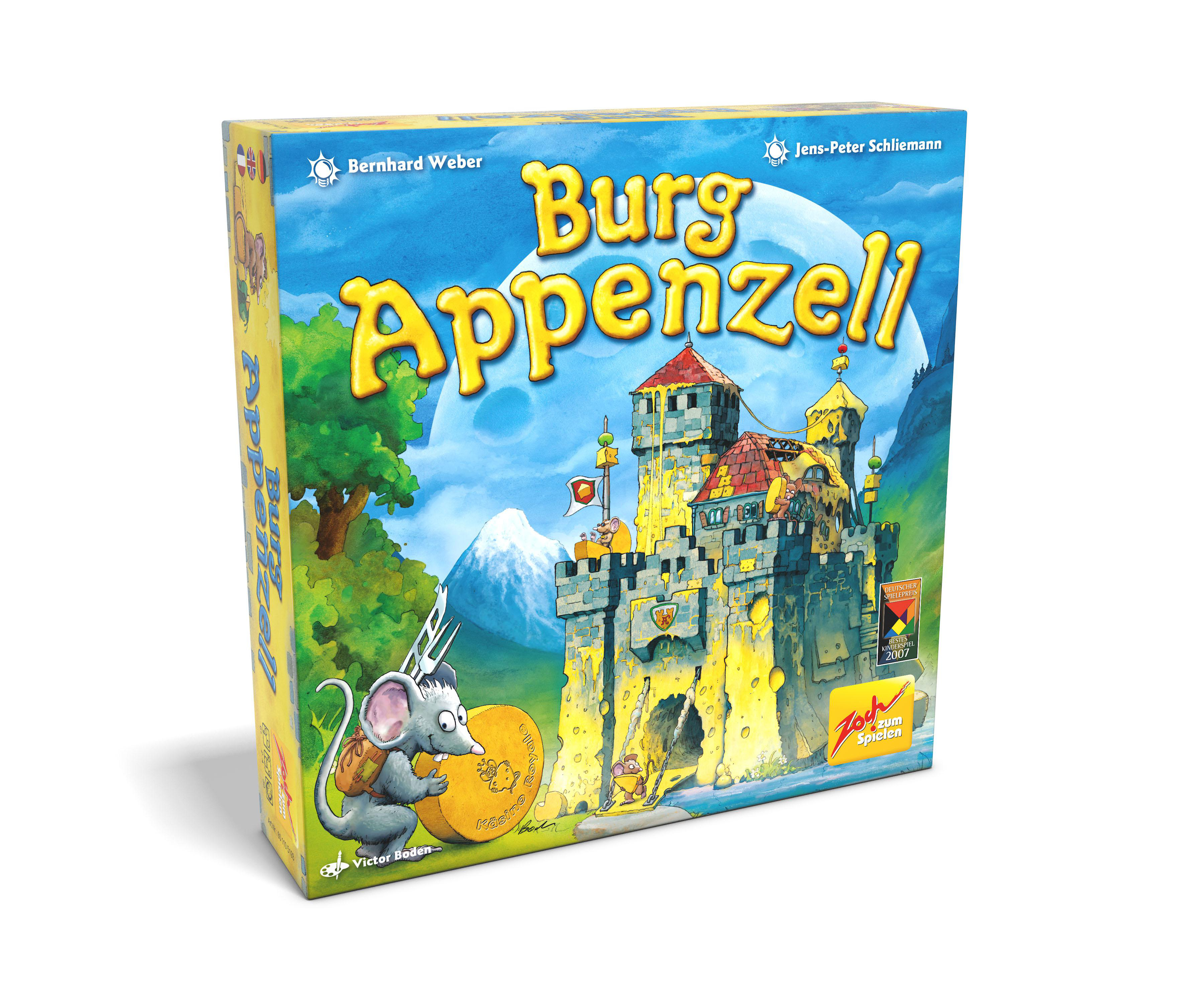 Brettspielbox 'Burg Appenzell' mit Burgillustration und Cartoon-Maus.