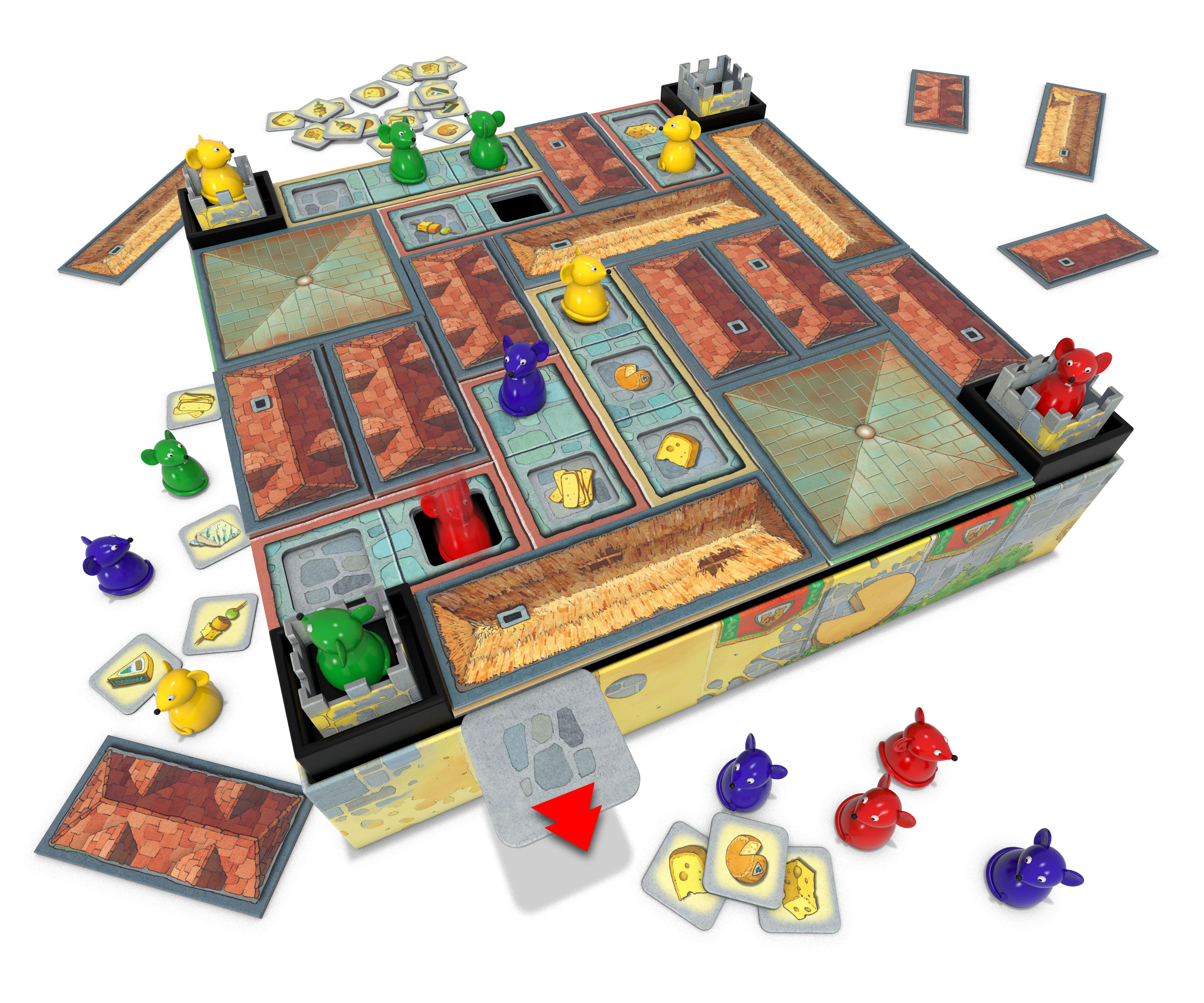 Brettspiel mit farbigen Mäusefiguren, Karten und burgartigen Strukturen. Das Brett ist ein Labyrinth mit rotem Pfeil.