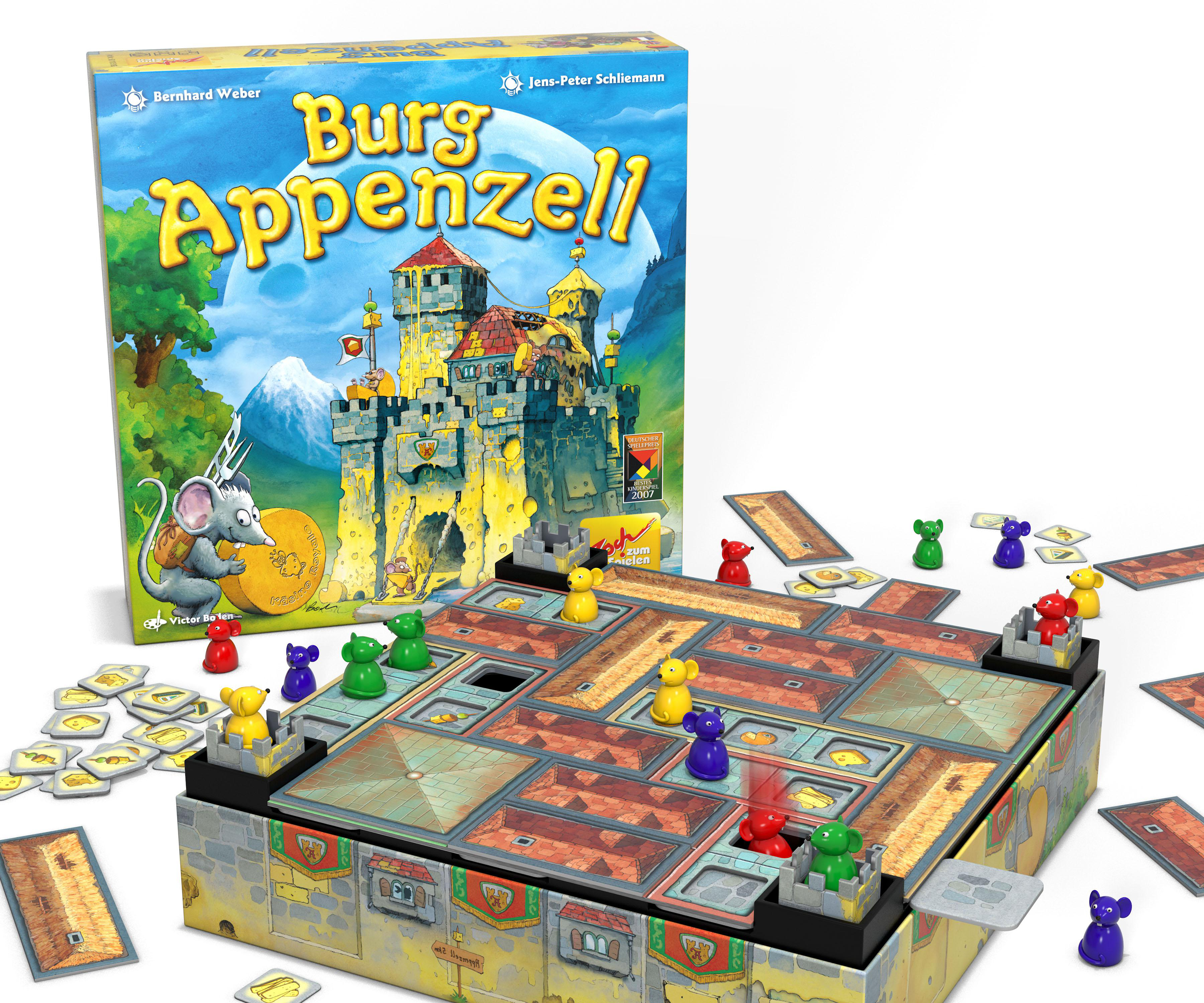 Burg Appenzell Brettspiel mit bunten Mausfiguren.