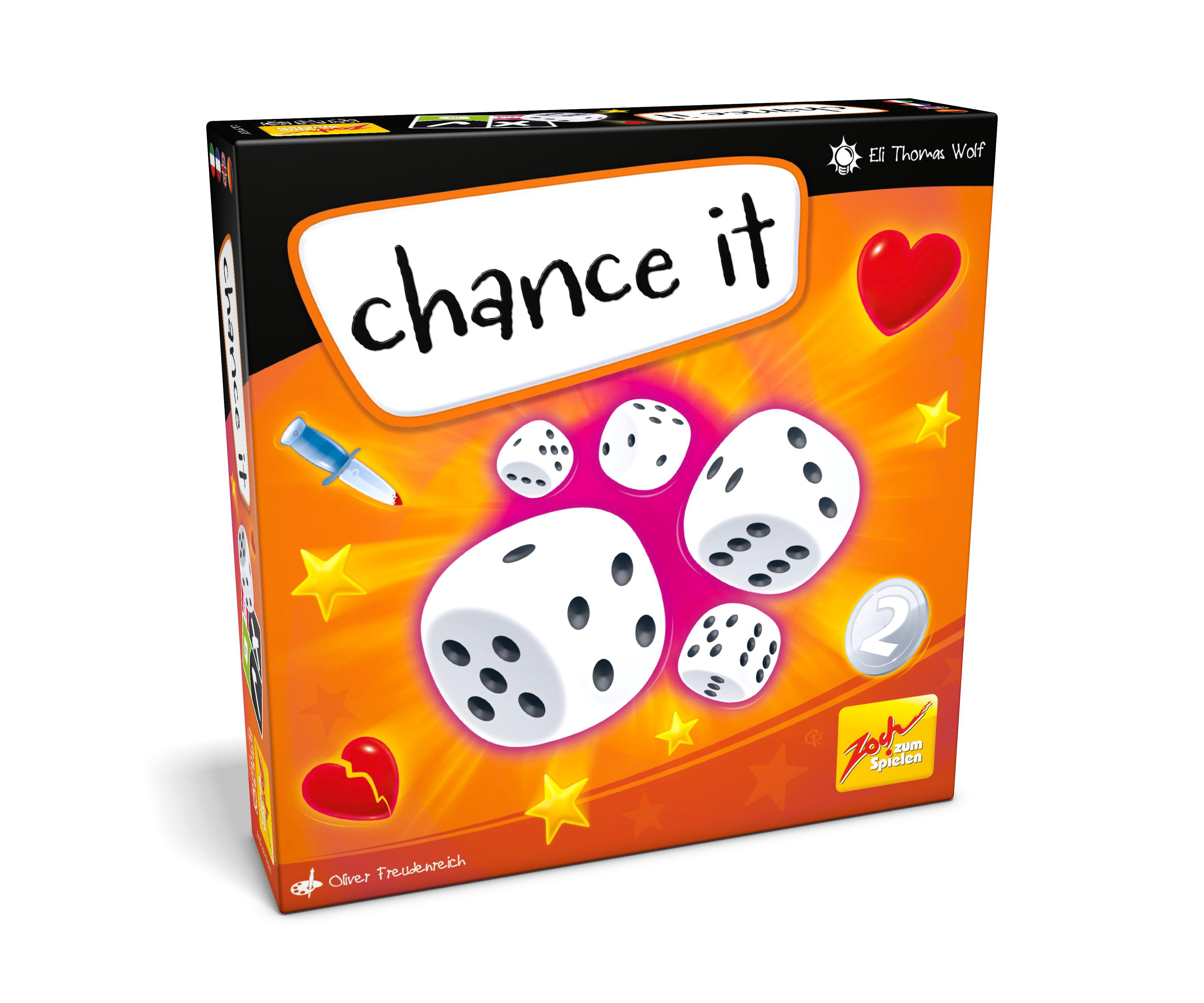 Spielbox mit dem Titel 'chance it' mit Würfeln und Sternen. Enthält ein Herz, ein zerbrochenes Herz und einen Stift.