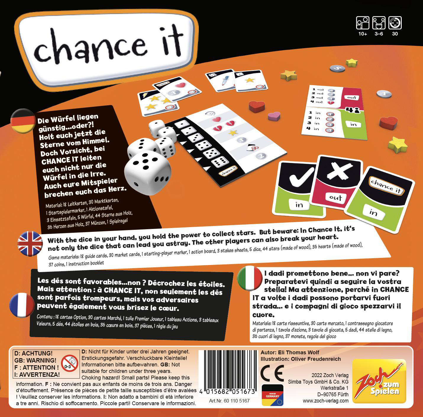 Brettspielbox mit Würfeln, Karten und Anleitungen. Verschiedener Text.