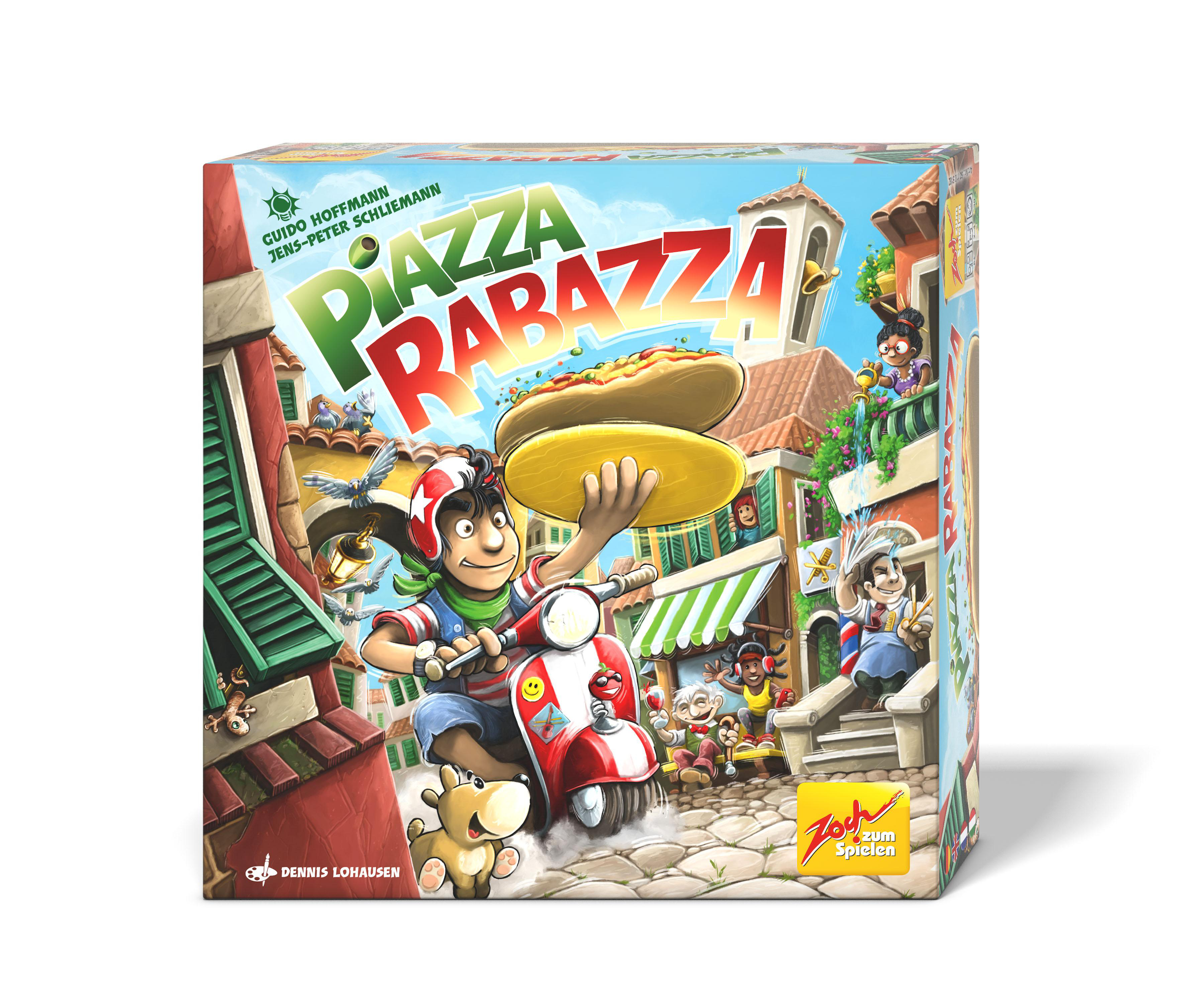 Schachtelkunst eines Spiels, das einen Jungen auf einem Roller und eine Stadt mit einem italienischen Restaurant zeigt.