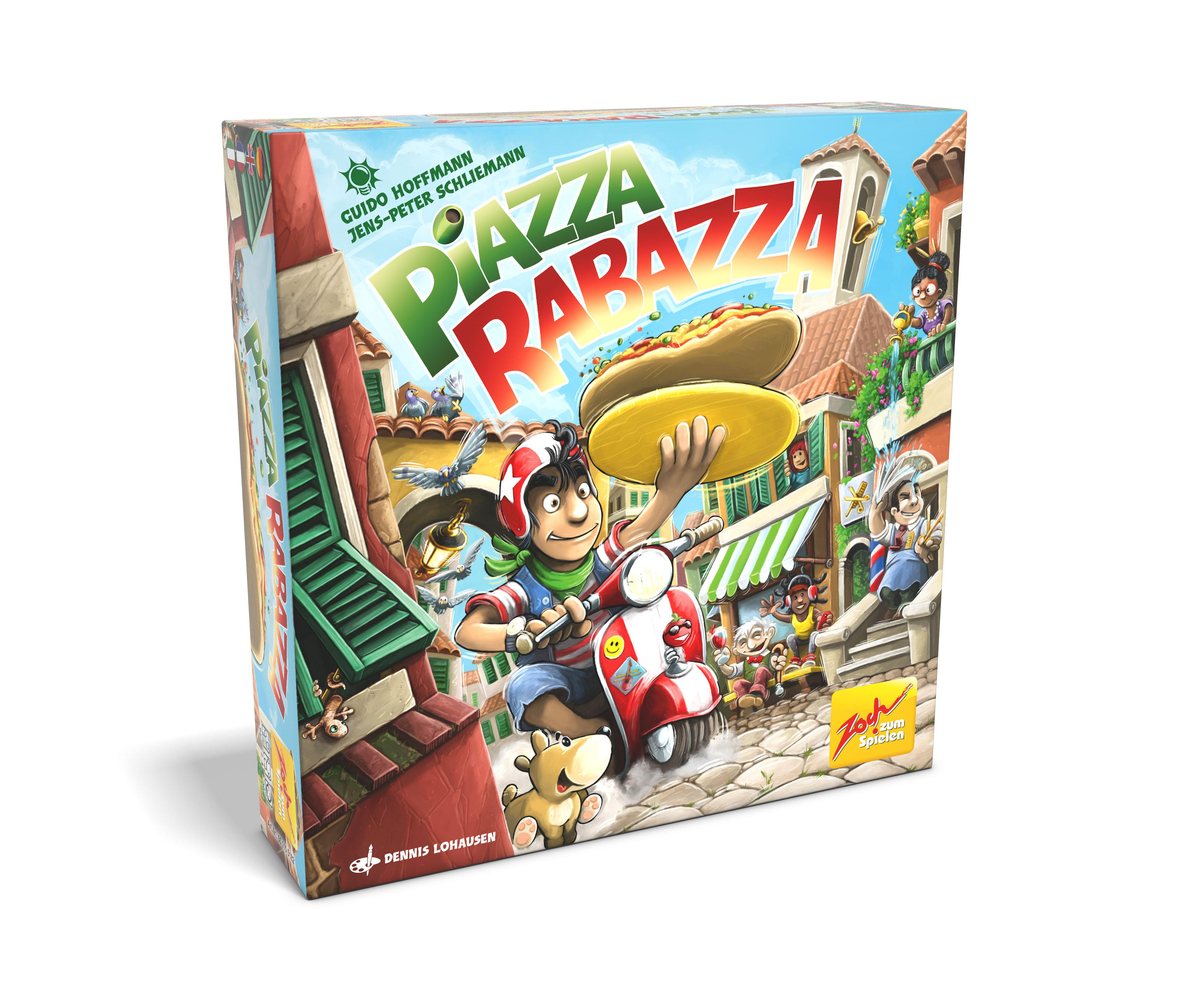 Eine Spielbox mit einer Cartoon-Illustration eines Mannes auf einem Roller, der einen Hotdog hält.