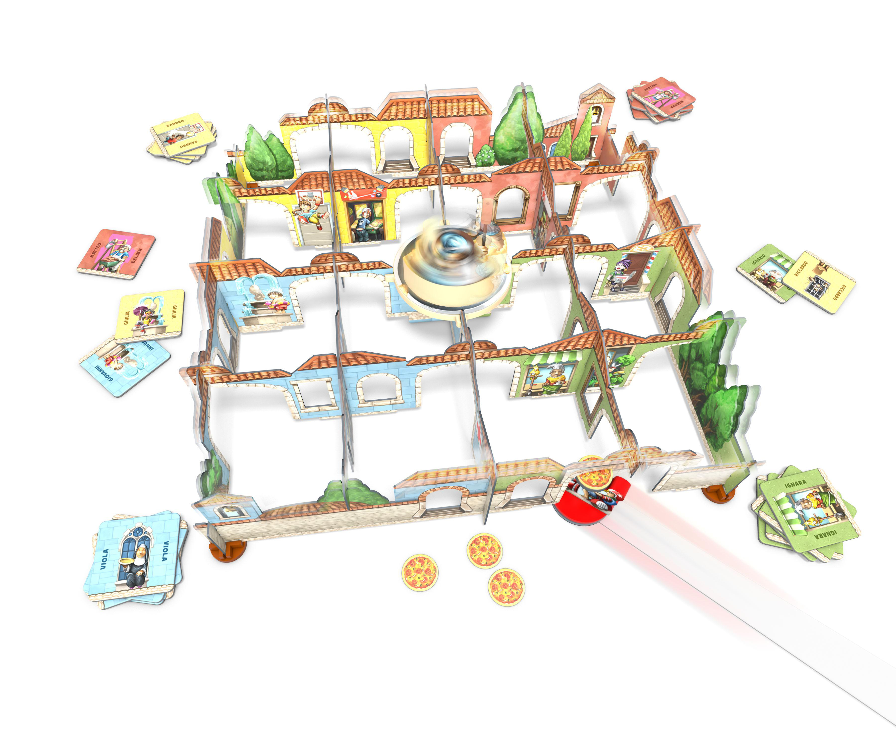 Brettspiel, bunte Stadt, Karten und ein Kreisel in der Mitte.