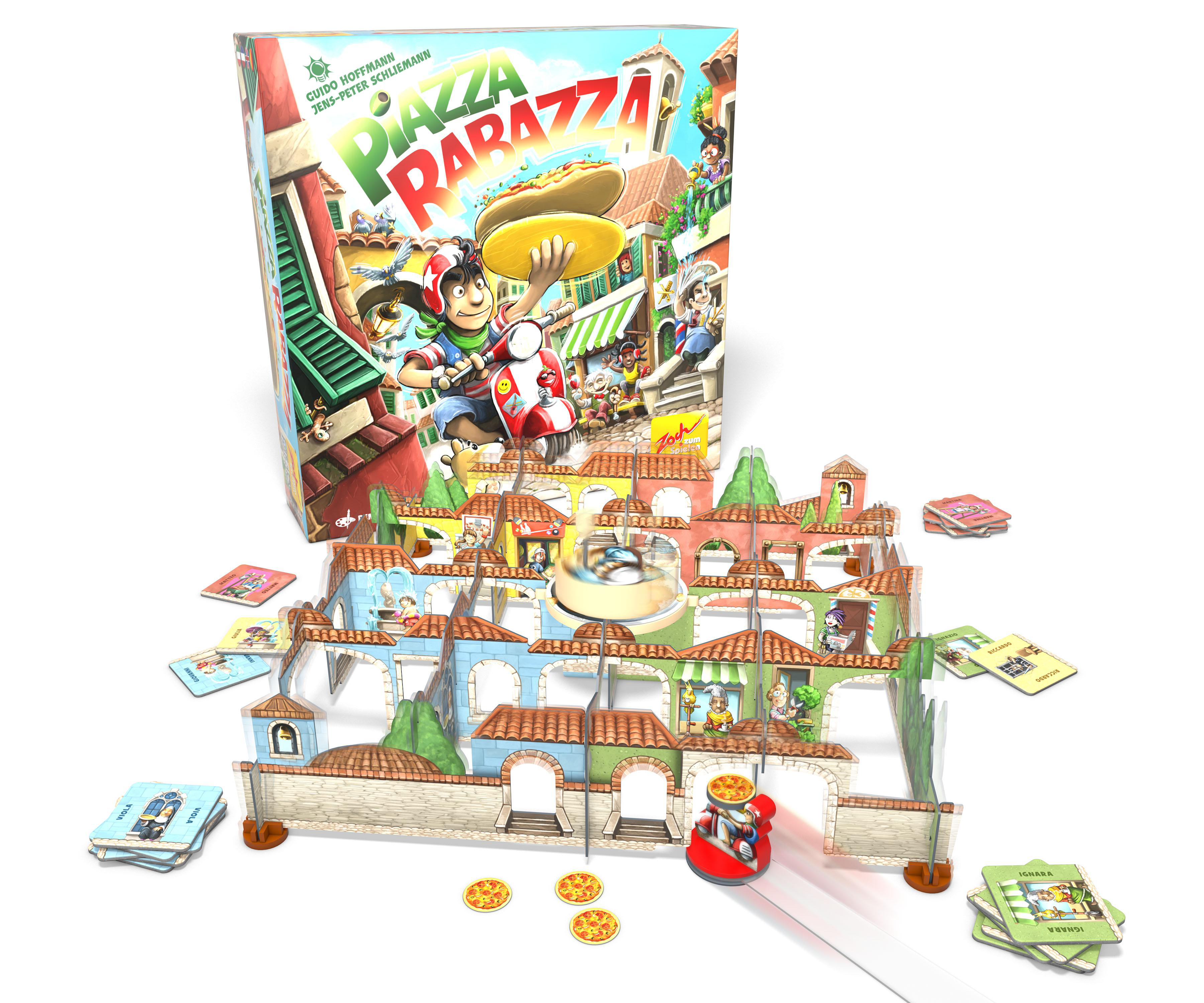 Ein Brettspielkarton mit dem Titel Piazza Rabazza. Das Spiel ist mit einem Stadtlayout aufgebaut.
