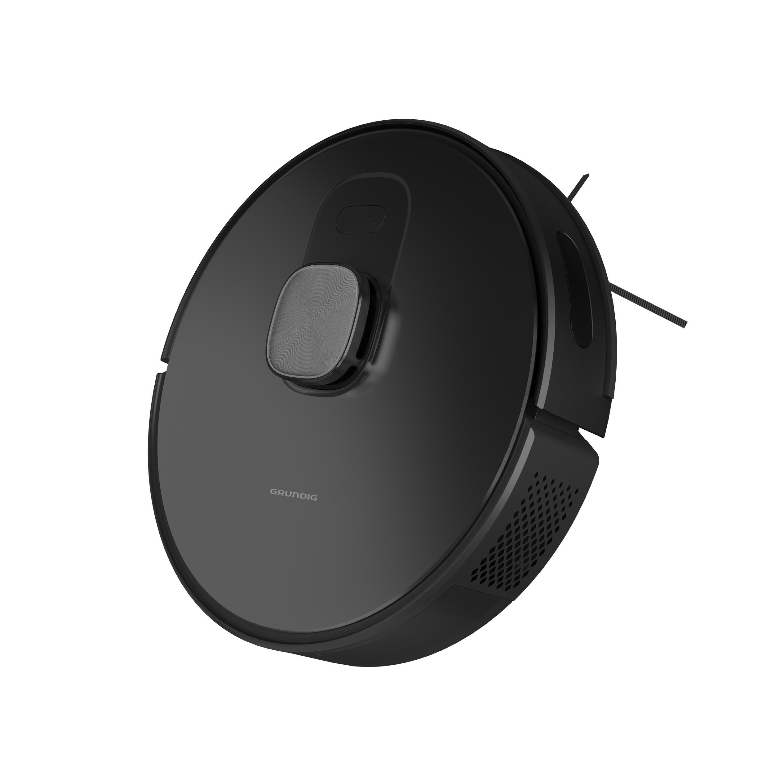 Ein schwarzer Grundig Roboter-Staubsauger. Es ist ein rundes Gerät mit einem quadratischen Knopf. Weißer Hintergrund.