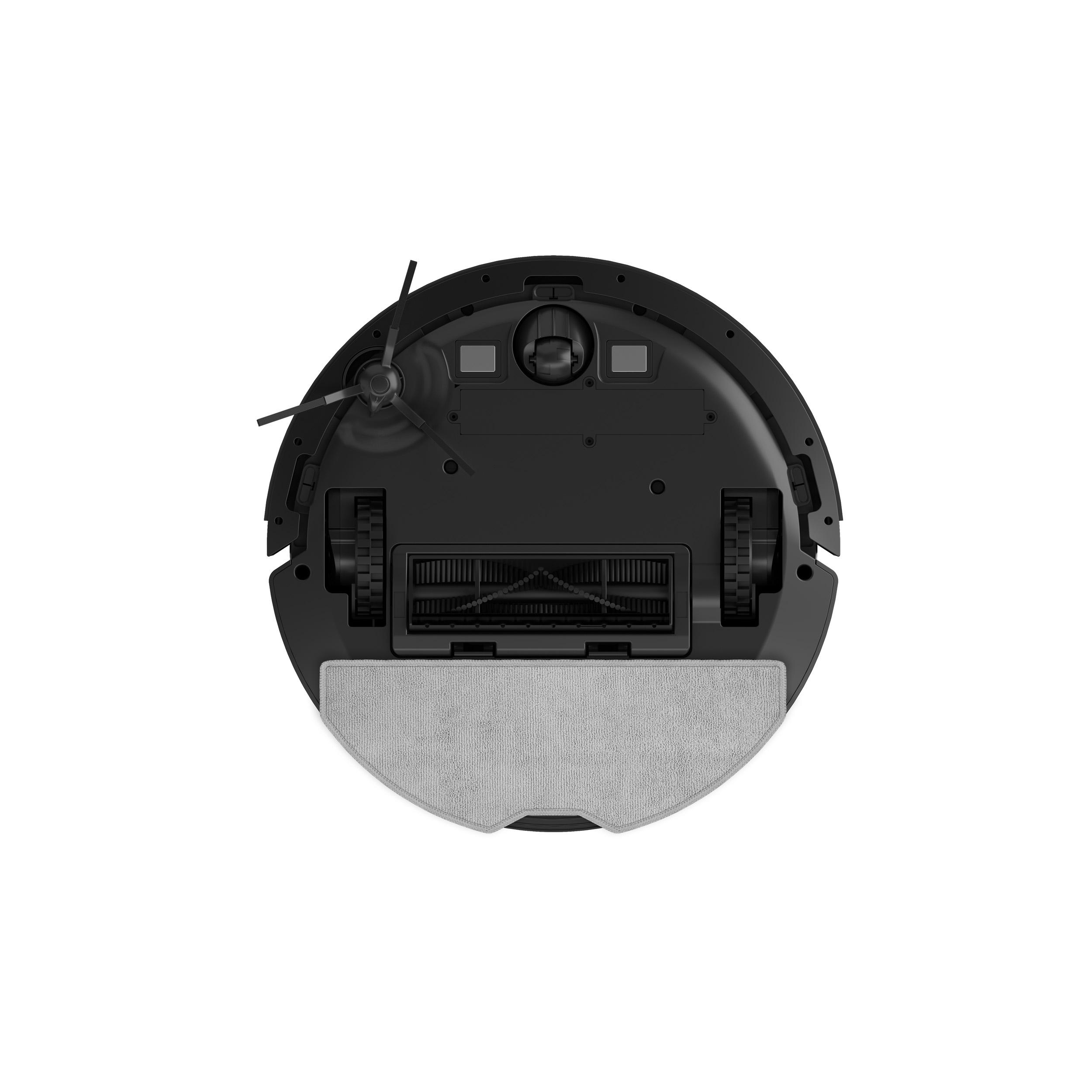 Ein schwarzer Roboter-Staubsauger, von unten betrachtet, zeigt Räder, Bürsten und ein Reinigungspad.
