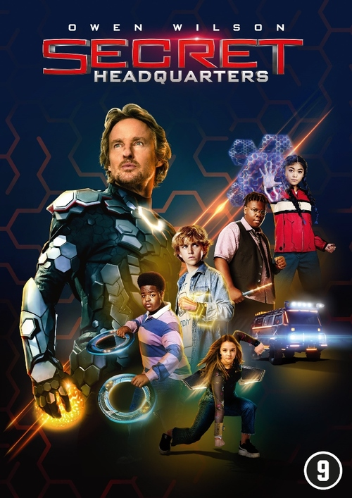 Affiche du film Secret Headquarters, Owen Wilson et groupe d'enfants sur fond bleu.