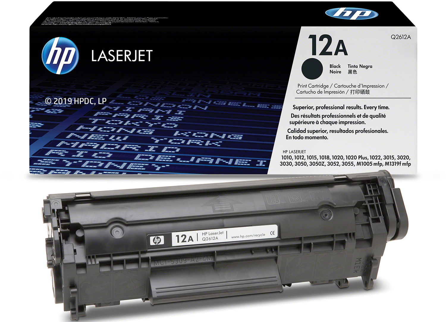 HP LaserJet 12A toner cartridge in its box. Black cartridge with white and black text.