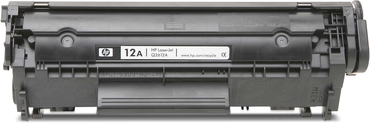 HP 12A black toner cartridge. Top view, with HP logo and product info visible.