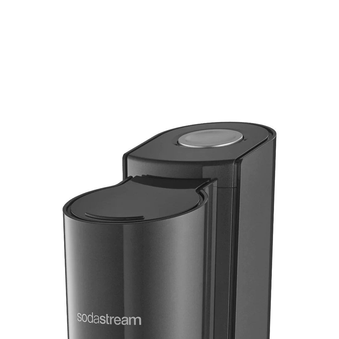 Nahaufnahme einer schwarzen Sodastream-Maschine, die Oberseite und Düse zeigt.