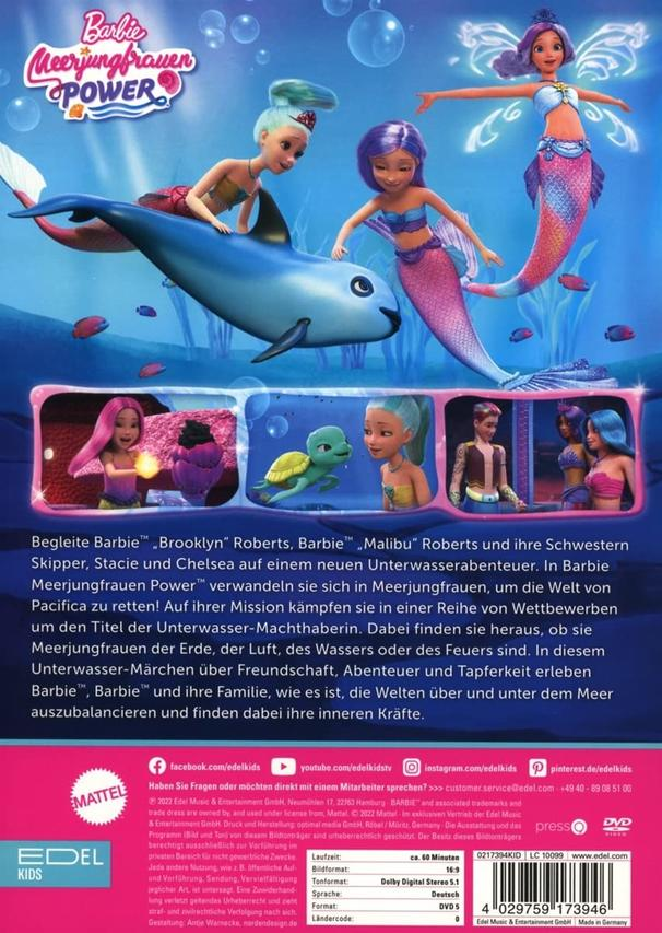 Ein Filmplakat mit Barbie-Meerjungfrauen, einem Delfin und Blasen im Wasser.
