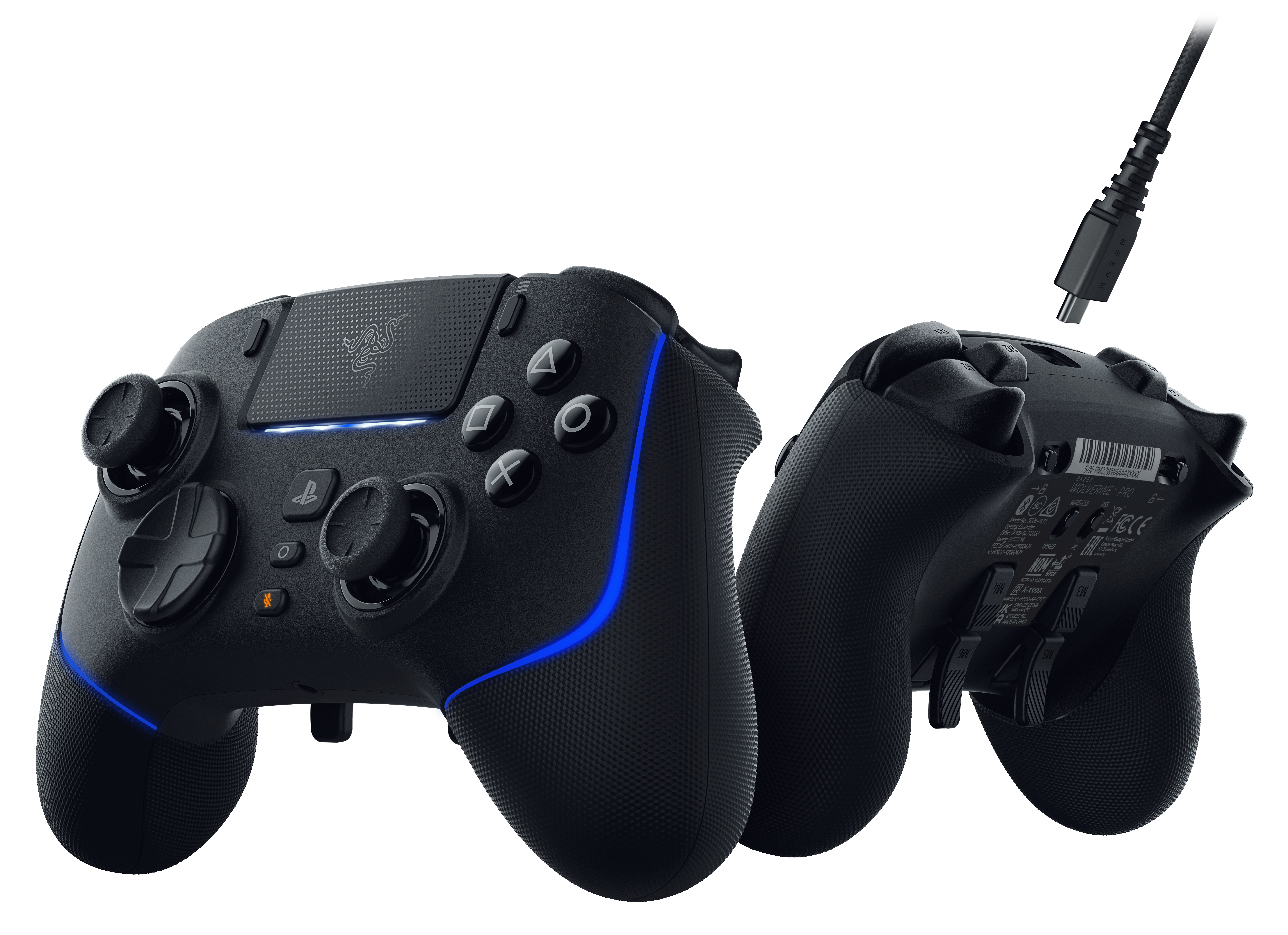 Schwarzer Razer-Controller. Vorder- und Rückansicht, mit eingestecktem Kabel. Blaue Akzente.