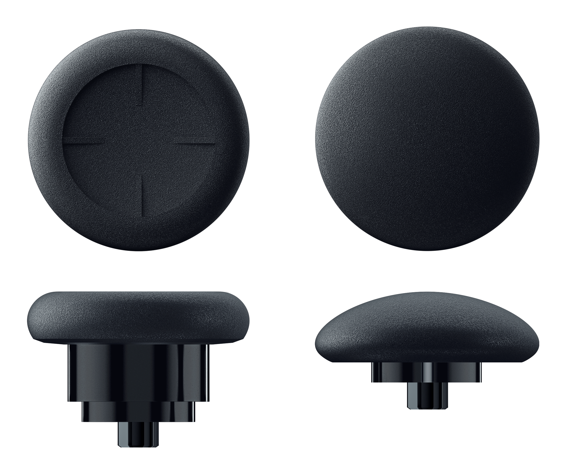 Vier schwarze Joystick-Thumbsticks. Draufsicht, Seitenansicht und Winkelansichten werden vor schwarzem Hintergrund gezeigt.