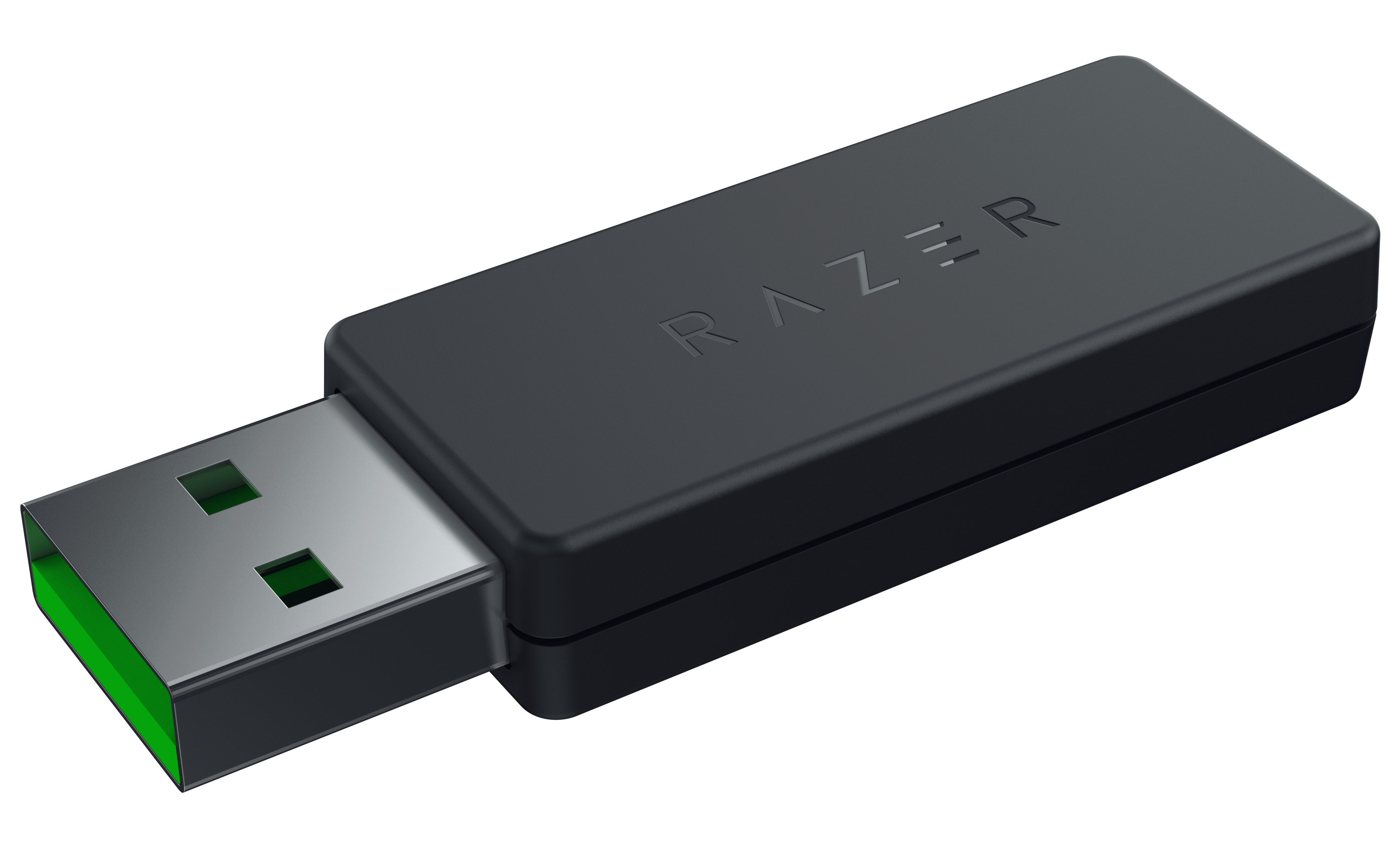Schwarzer Razer USB-Dongle mit Razer-Branding und grünem USB-Anschluss.