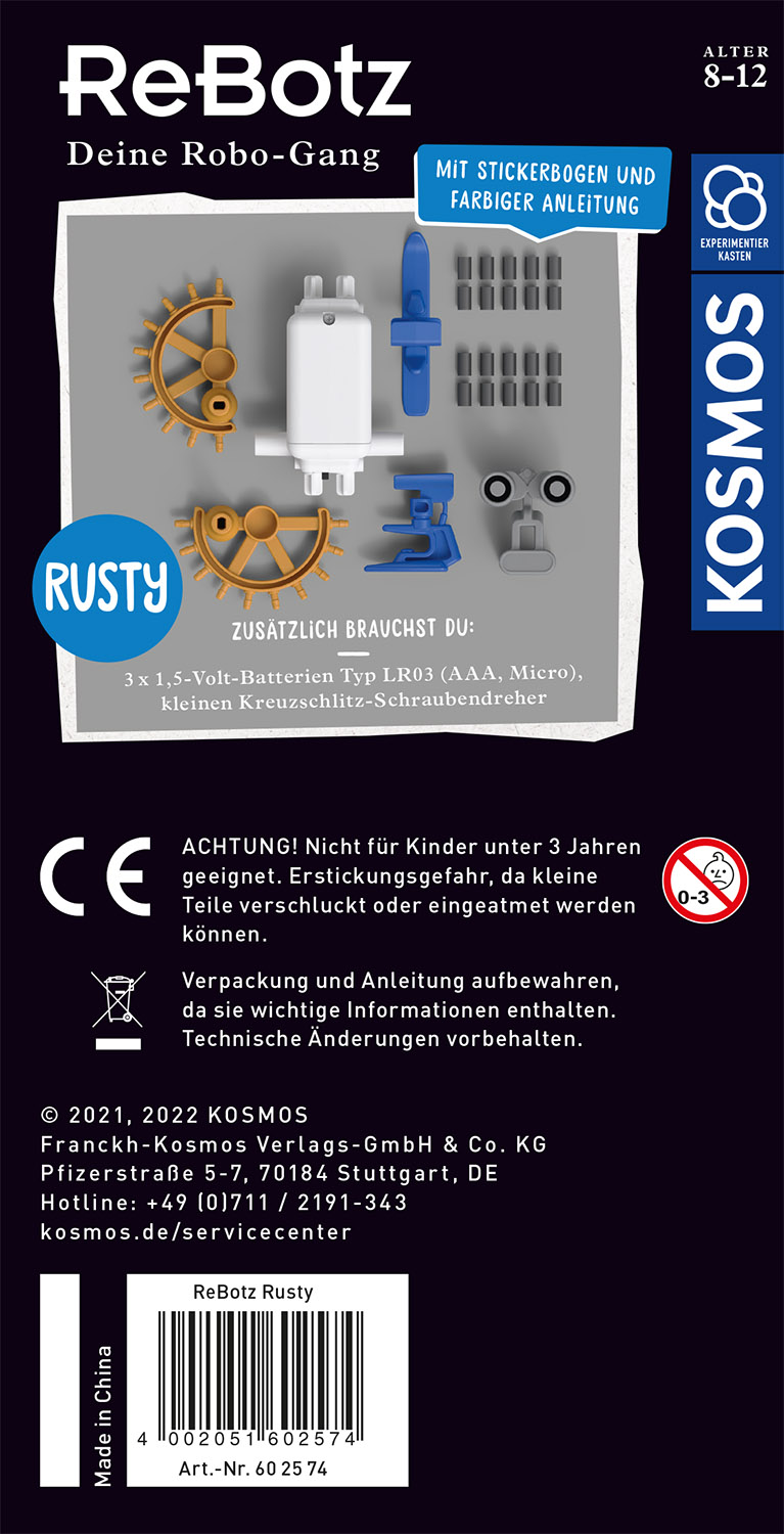 Die Rückseite einer Spielzeugkiste mit Text und verschiedenen Teilen eines Spielzeugroboters.