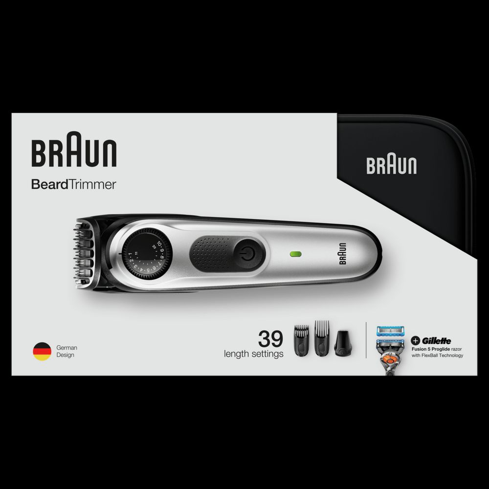 Recortadora de barba Braun en embalaje. Muestra la recortadora y los accesorios. Diseño alemán.