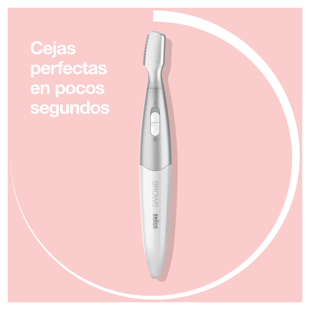 Recortador de cejas blanco y plateado sobre fondo rosa.