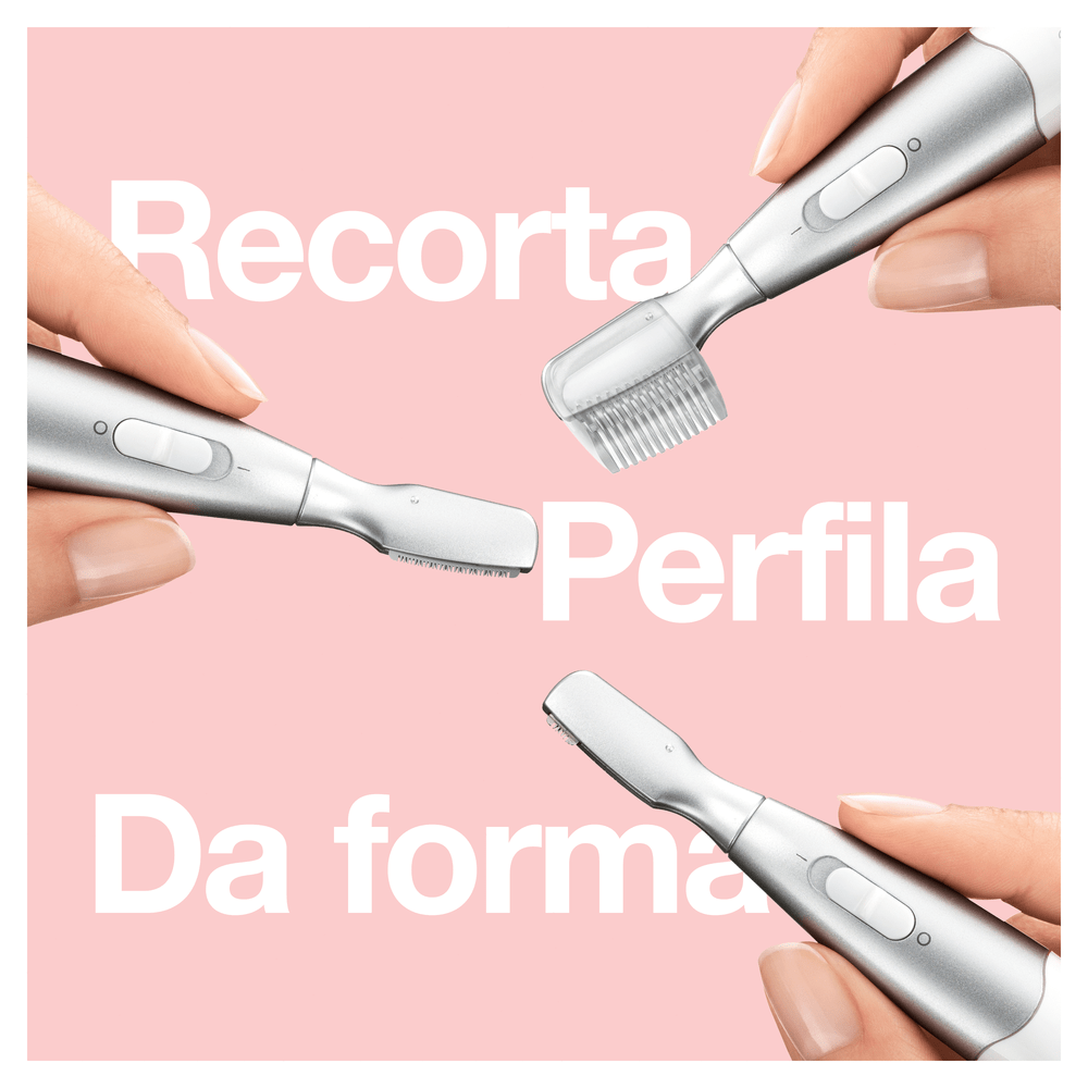 Tres manos usando una herramienta de aseo plateada. El texto dice 'Recorta', 'Perfila' y 'Da forma'.