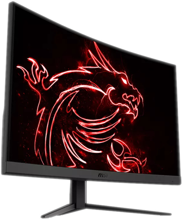 Écran de jeu incurvé, cadre noir, dragon rouge sur fond noir.