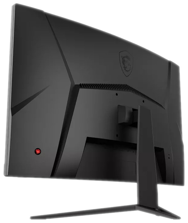 Moniteur incurvé noir avec support, vue arrière, isolé sur blanc.