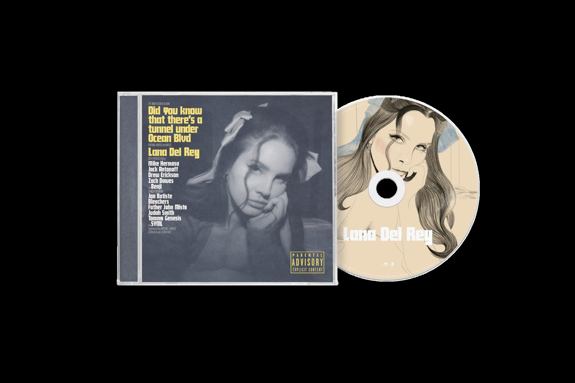 Lana Del Rey Albumcover und CD auf schwarzem Hintergrund, mit Albumtitel und Bild.
