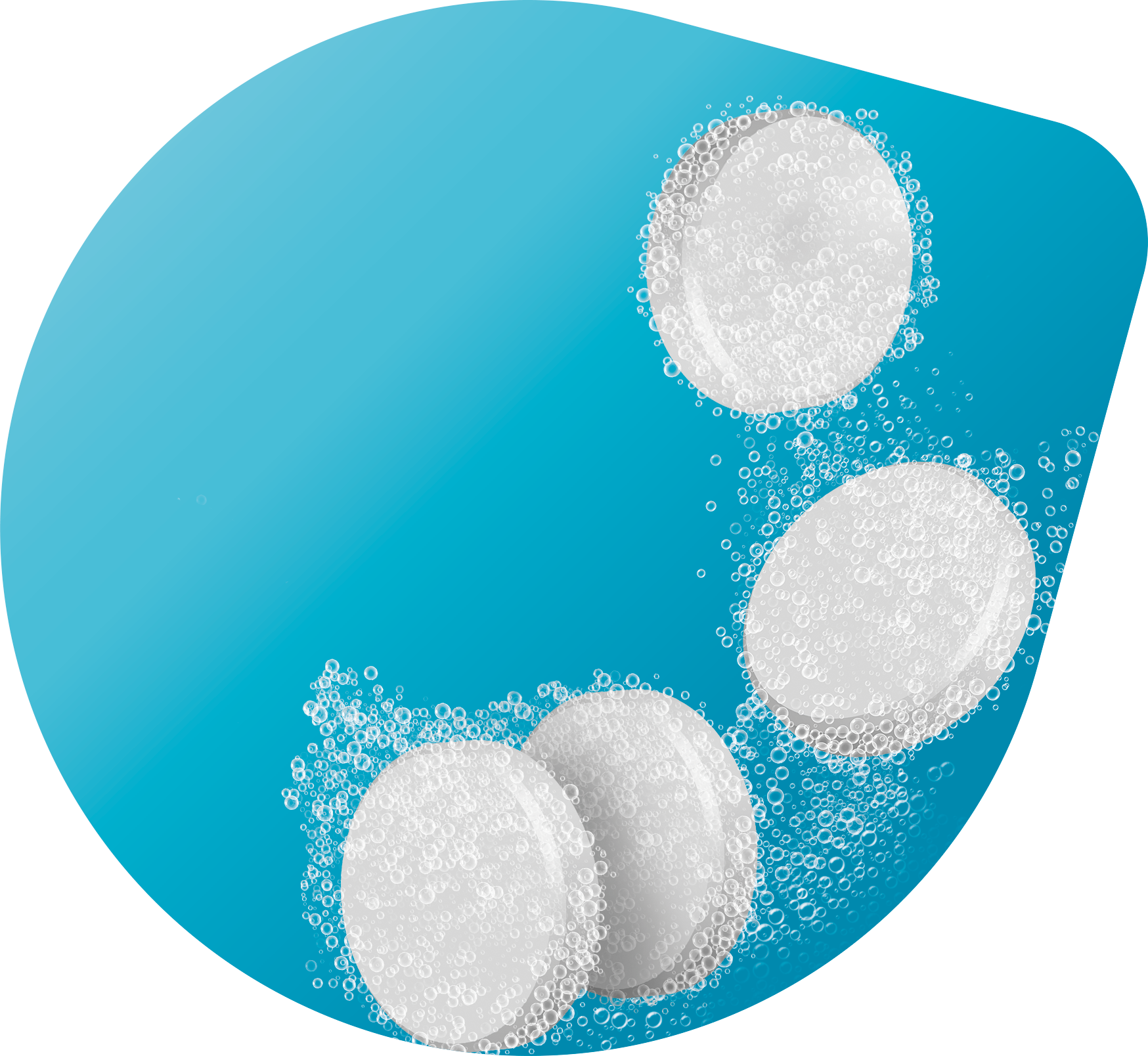 Vier weiße Brausetabletten, die sich in blauem Wasser mit Blasen auflösen.