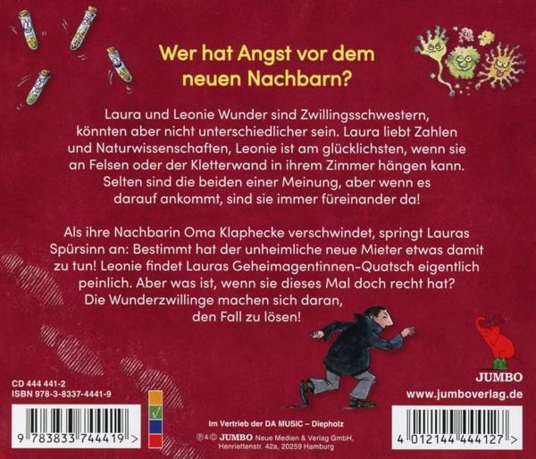 Rückseite eines Kinderbuchs mit Text und Illustrationen eines Mädchens und Monstern.