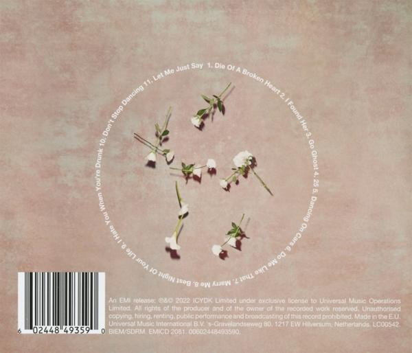 Albumcover mit weißen Blumen, die eine Form auf rosa Hintergrund bilden, mit Songtiteln.