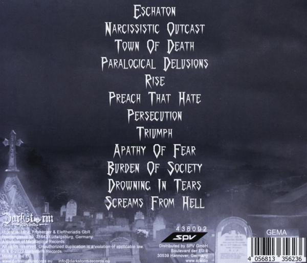 Albumcover mit Friedhofsszene und einer Liste von Songtiteln in gotischer Schrift.