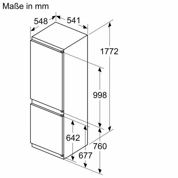 Diagramm eines Kühlschranks, das die Abmessungen in mm zeigt. Der Kühlschrank hat zwei Bereiche, darunter ein Gefrierfach.