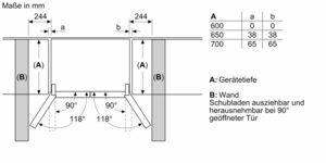 Diagramm einer Küchenschrankinstallation mit Massen in Millimetern.
