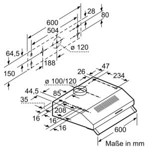Technische Zeichnung einer Dunstabzugshaube mit Maßen, Linien und Abmessungen in Millimetern.