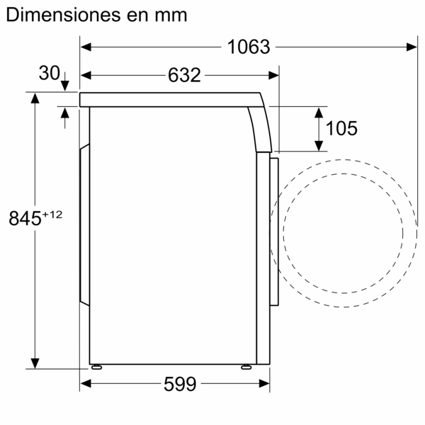 Diagrama lateral de una lavadora, mostrando dimensiones en milímetros.