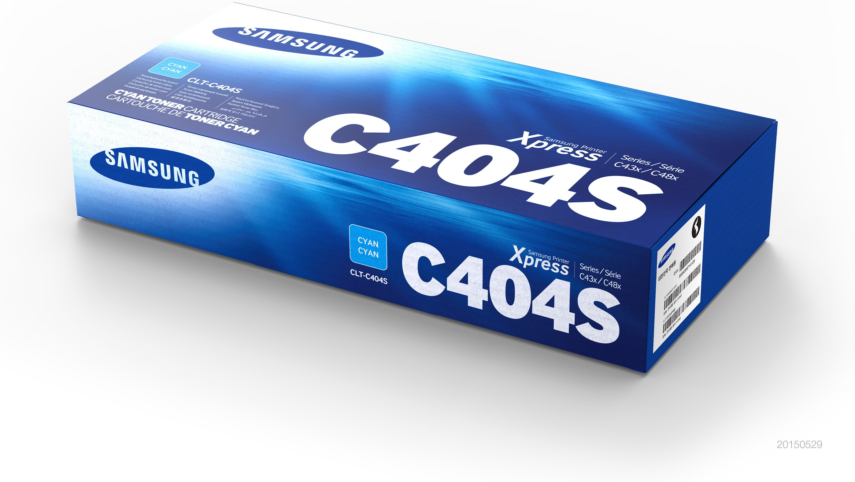 Samsung C404S Cyan-Toner-Kartuschenbox, blaue Farbe, schräge Ansicht, weißer Hintergrund.
