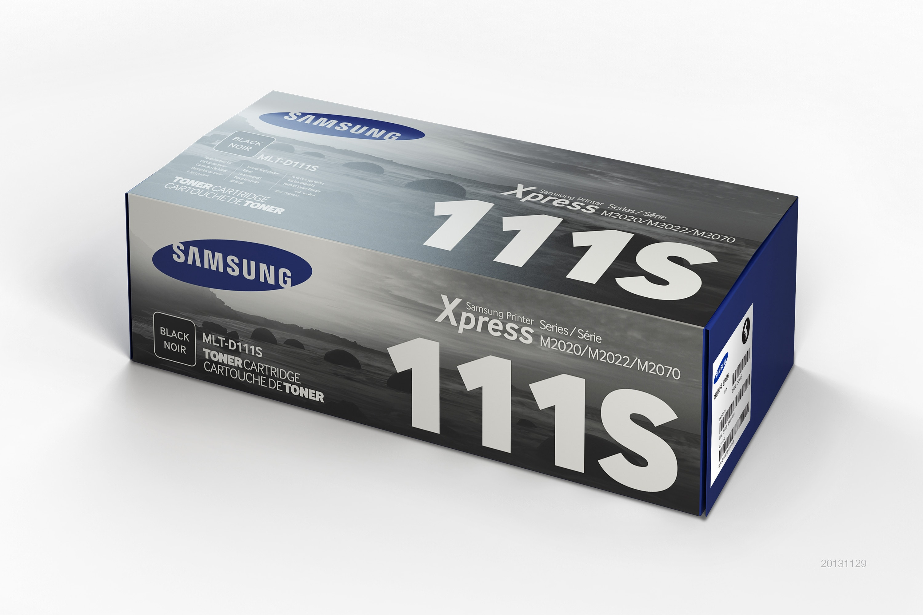 Samsung-Drucker-Tonerkartuschenbox. Schwarz und weiß, mit deutlich sichtbarer Modellnummer '111S'.