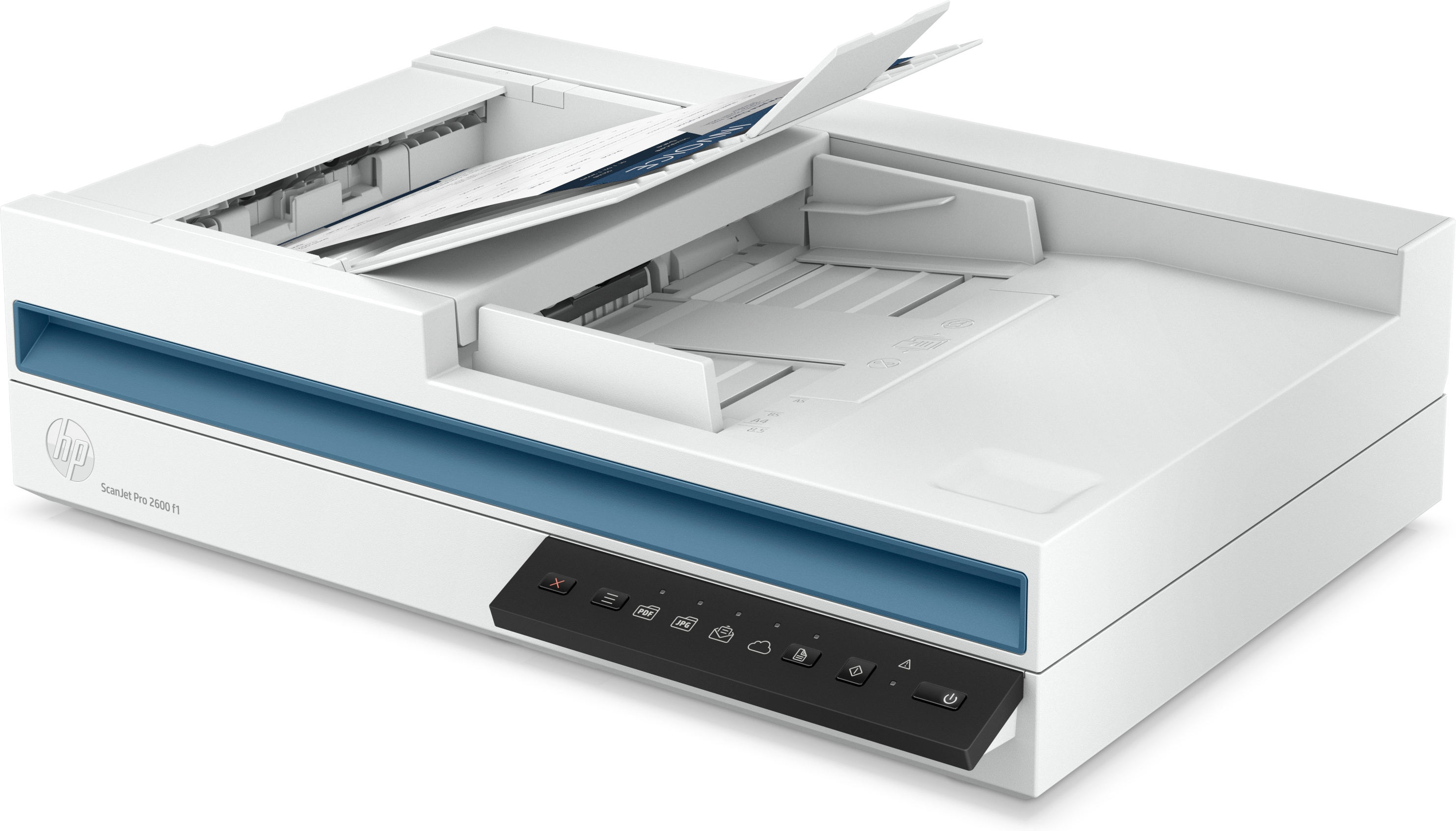 Weiß-blauer HP ScanJet Pro 3500 f1 Scanner mit geöffnetem Dokumenteneinzug.