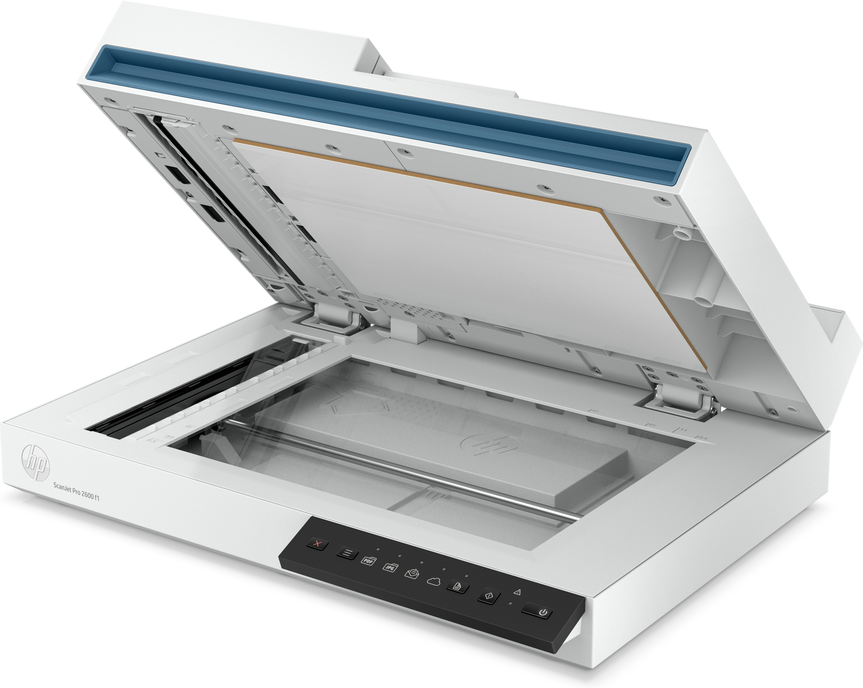 Weißer Scanner mit geöffnetem Deckel. Das Innenglas und die Knöpfe sind sichtbar.