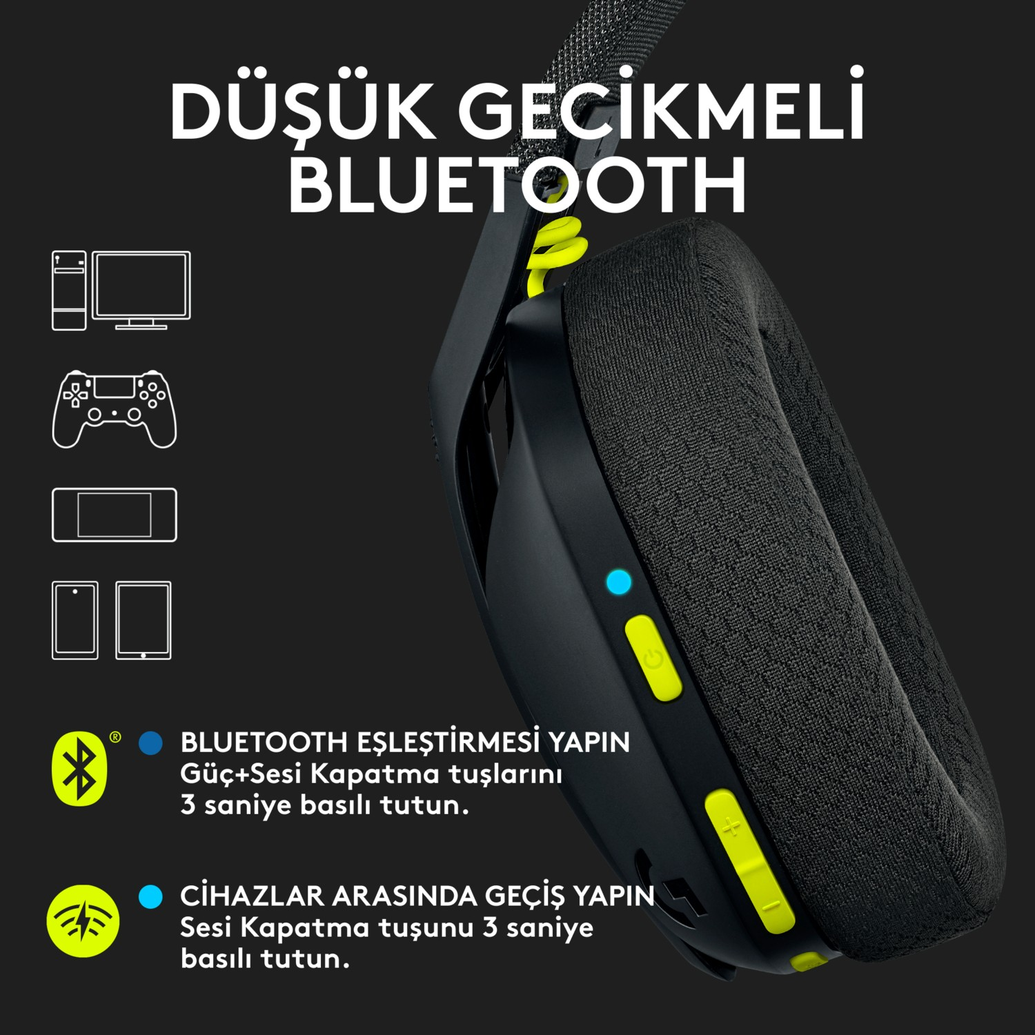 Siyah ve sarı oyun kulaklığı. Metin: 'Düşük Gecikmeli Bluetooth'. Düğmeler ve simgeler görünür.