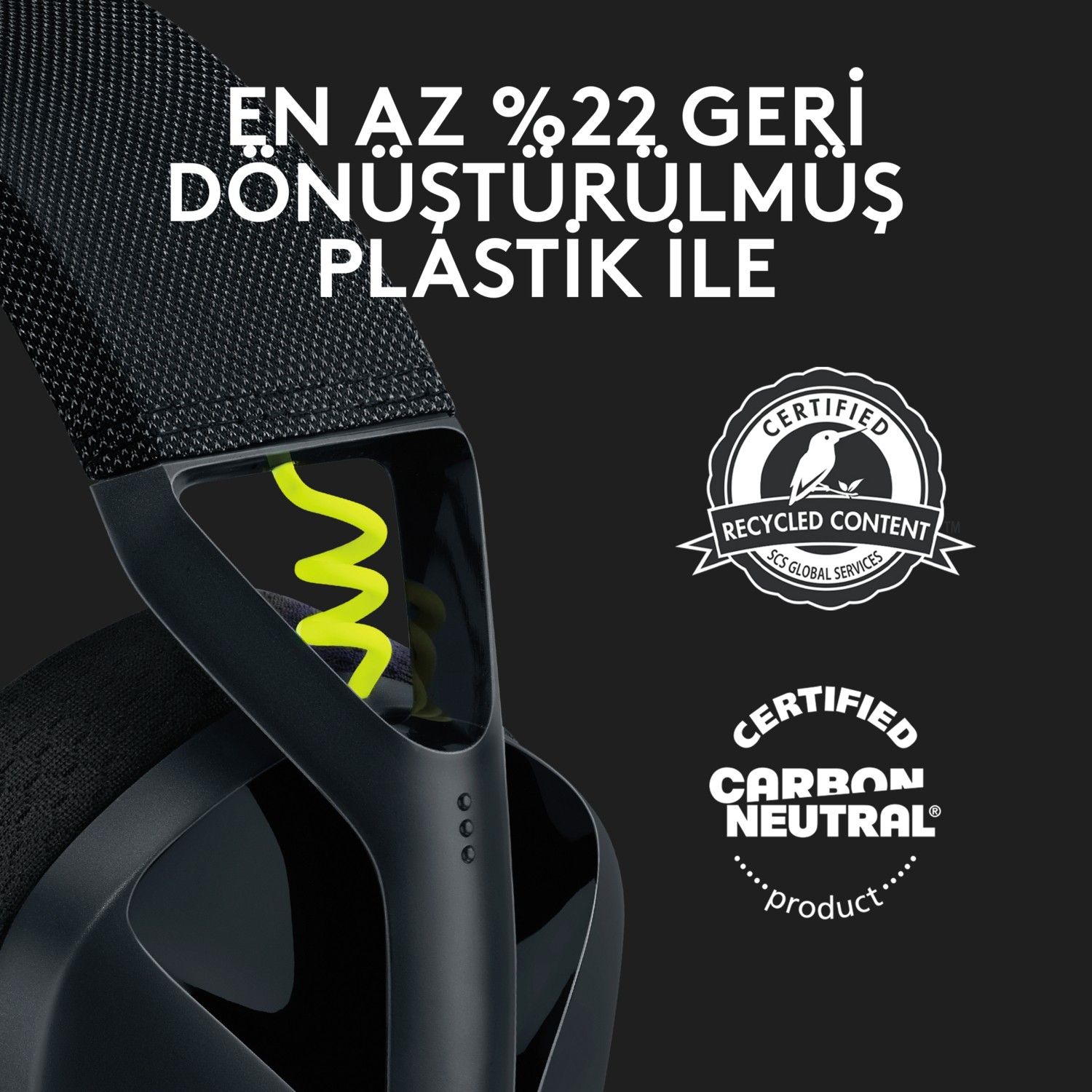 %22 geri dönüştürülmüş plastik, sertifikalı geri dönüştürülmüş içerik ve karbon nötr kulaklıklar.