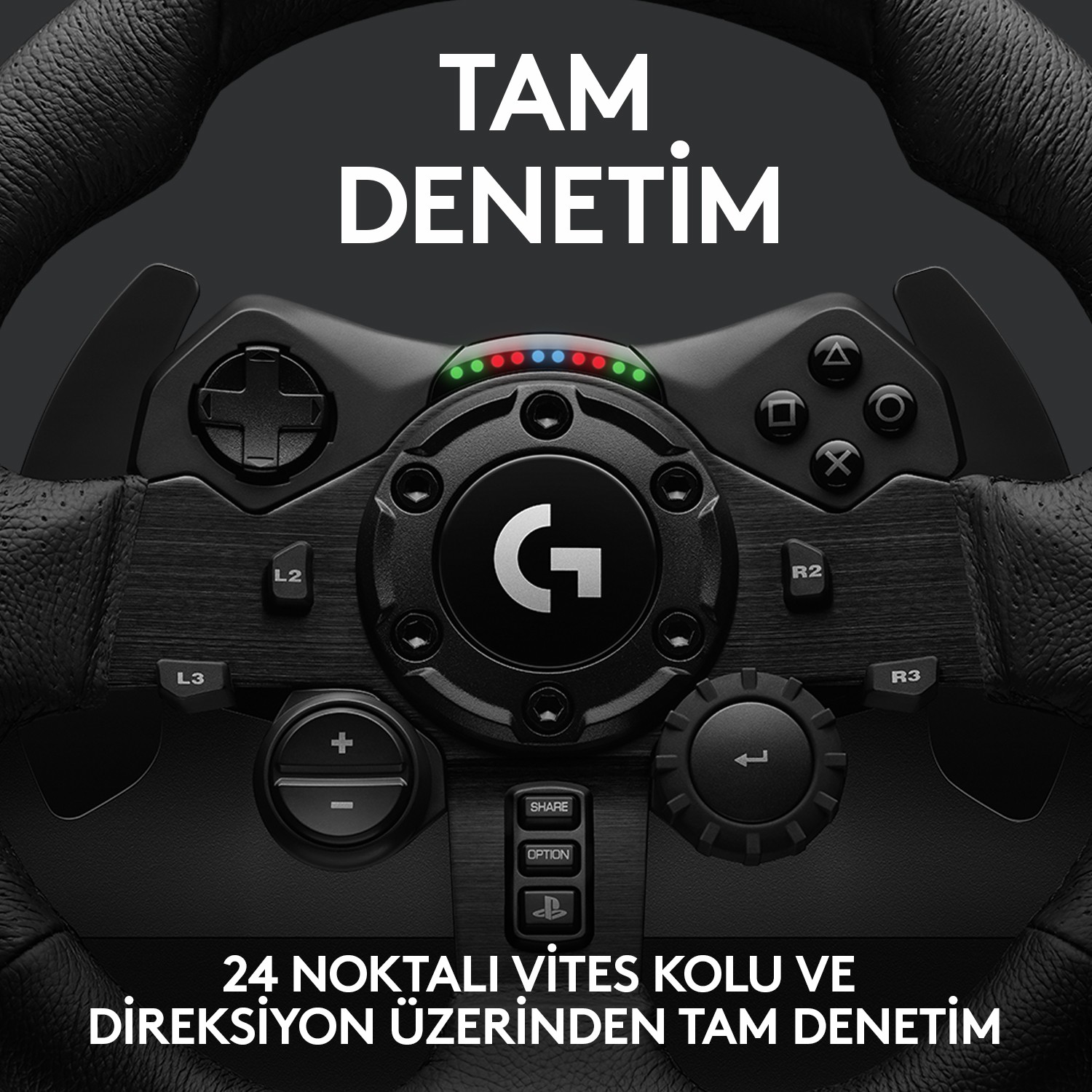 Düğmeler ve Türkçe metin içeren siyah direksiyon simidi, 'G' logosu ile.
